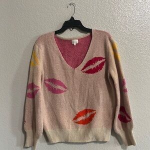 DEE ELLY V-NECK LIPS SWEATER- SIZE S balloon Sleeves Pullover
